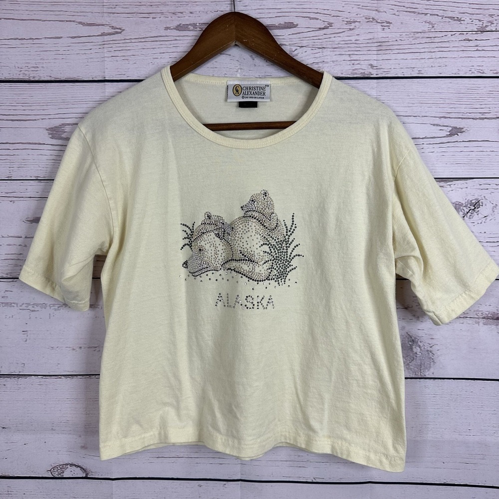 Christine Alexander Tee Shirt Womens Medium Yellow Alaska Bears Crystal Sparkley